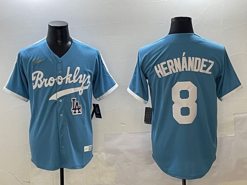 Men Los Angeles Dodgers #8 Hernandez Light Blue Throwback Game 2025 Nike MLB Jersey style 3069